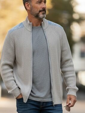 Kenneth Cole New York Gray Zip-Up Ribbed knit Sweater Fisherman Grandpa Core